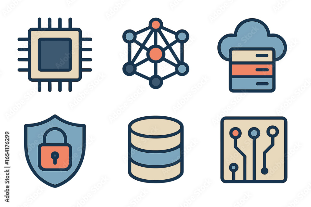 Poster modern technology symbols illustrating data security and networking