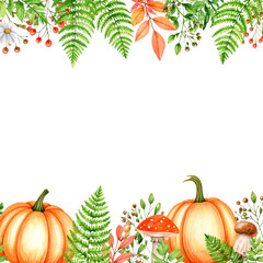 Fototapeta premium Autumn harvest pumpkin and leaves border isolated on white background