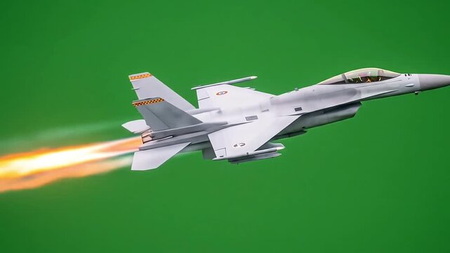 Fighter Jet Flying with Afterburner in Green Screen.