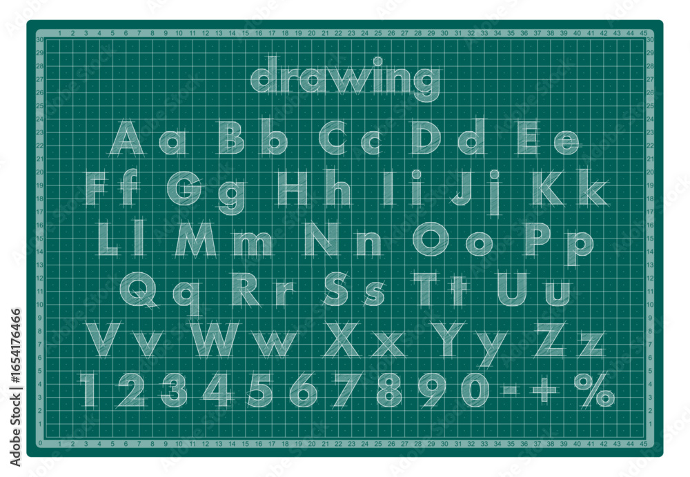 Poster blueprint font. architectural typeface. technical drawing alphabet and numbers with measurement guid