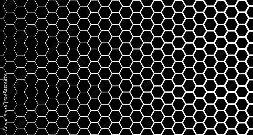 Poster honeycomb gradient hexagon seamless pattern. white hexagonal grid on black background with fading gr