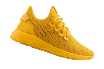 A yellow shoe with a white background