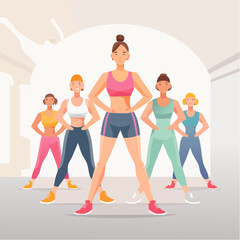 Naklejka premium Group of Women participate in fitness class at daytime inside Gym studio