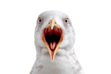 A bird with its mouth wide open, looking at the camera