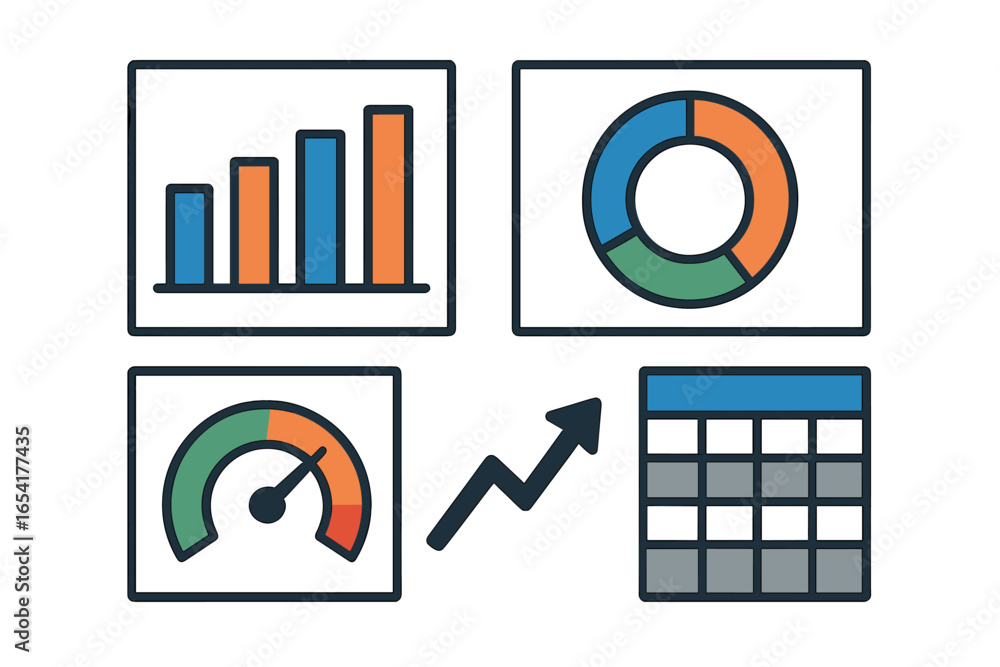 Poster vector illustration of business analytics tools with graphs and charts