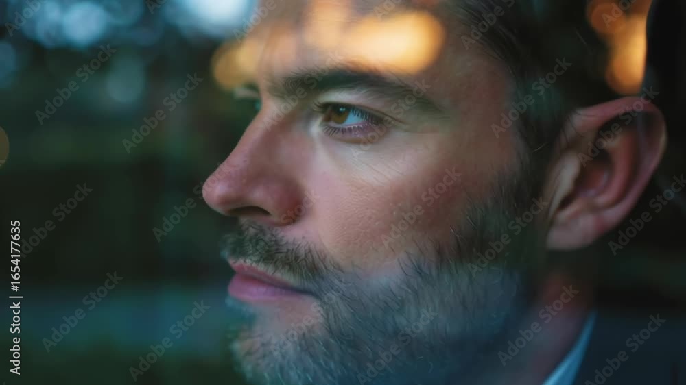 Poster a man with a beard and glasses is looking out of a window. he is deep in thought