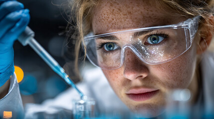 Female scientist working in a laboratory using a pipette with a test tube. 
