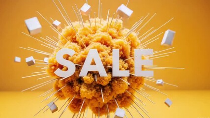 Abstract sale promotion design on yellow background with spiky sphere and floating shapes
