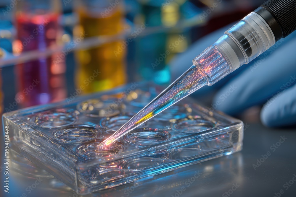 Poster advanced precision pipetting into a multi-well plate in a modern lab.