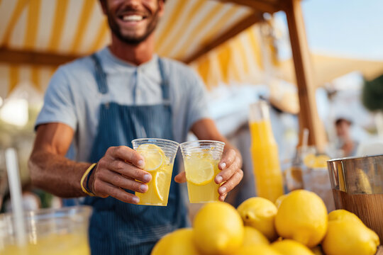 Employee prepares fresh lemonade at busy outdoor drink stand during sunny day