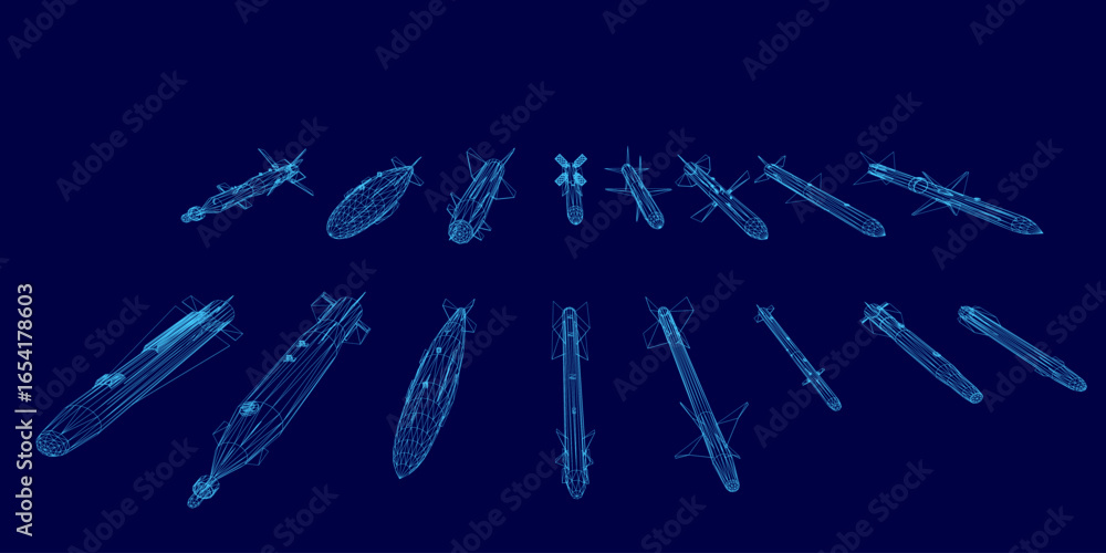 Poster a collection of wireframe rockets and missiles in symmetrical arrangement against a blue background.