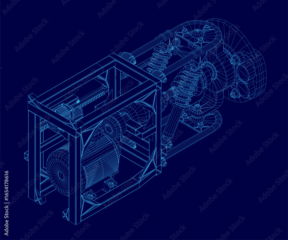 Poster a modular 3d model of an electric machine with detailed suspension components, displayed in wirefram