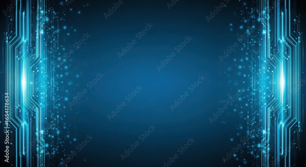Poster futuristic blue neon glitch effect abstract background with vertical light streaks and subtle grid p