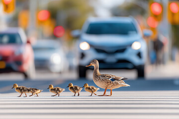 Duck with ducklings crossing a busy street during midday traffic in a city
