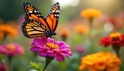 Naklejka premium Monarch butterfly lands on vibrant pink zinnia flower, collecting nectar. Bright orange wings with black patterns, white spots contrast with rich green foliage. Soft bokeh background with blurred