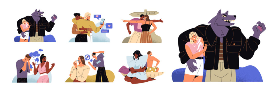 Toxic relationships concept set. Romantic couples with crisis quarrel, have problems: abuse, misunderstanding, cheating, lack of support, lie. Flat isolated vector illustrations on white background.