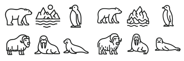 Obraz premium Wildlife icons featuring polar bears, penguins, walruses, and seals against a natural backdrop