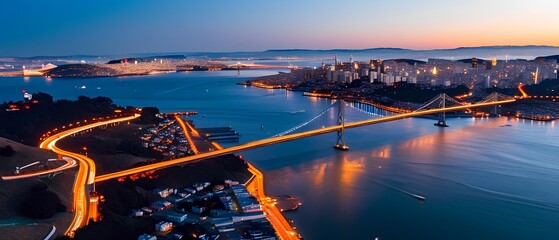 Nighttime scenic view of san francisco bay bridge city skyline aerial photography urban environment panoramic perspective