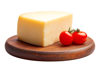 Delicious Cheese Block and Fresh Cherry Tomatoes on Rustic Wooden Board isolated on a transparent background