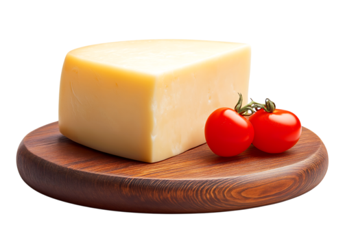 Delicious Cheese Block and Fresh Cherry Tomatoes on Rustic Wooden Board isolated on a transparent background