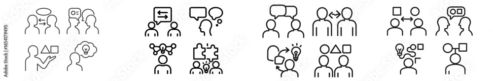 Poster icons representing different forms of communication and collaboration in a modern workspace setting