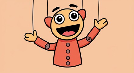 Cartoon Puppet with Red Clothes Smiling on Peach Background