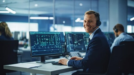 A cheerful businessman working in a modern office, analyzing data and communicating with colleagues - Powered by Adobe