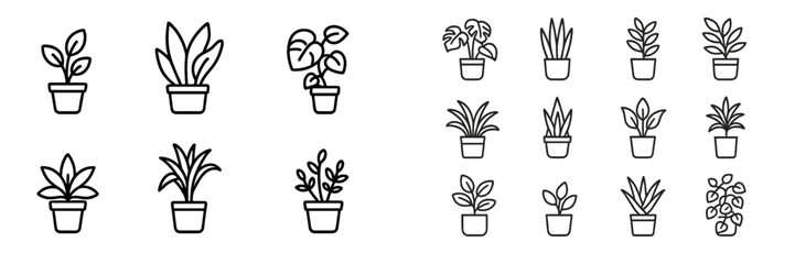 Various hand-drawn plant illustrations in pots showcasing diverse foliage styles and designs