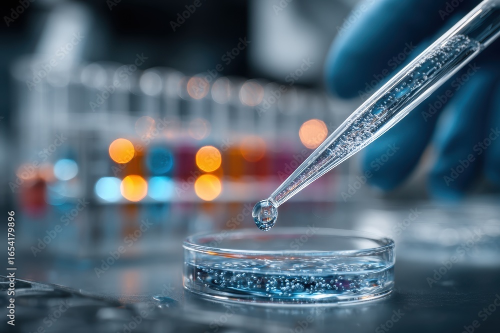 Poster scientist's pipette dropping a solution into a petri dish in a lab.