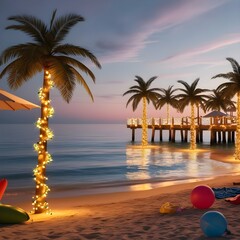 A serene beach at dusk where colorful Christmas lights reflect on calm ocean waves and sandy shores, creating a peaceful holiday atmosphere with magical seaside illumination.