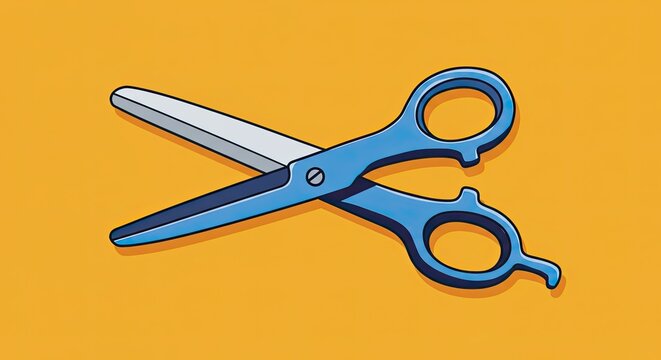 Sharp Blue Scissors Cutting Tool on Yellow Background