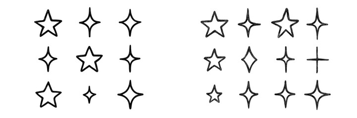 Various star and sparkle designs in black and white illustrating different shapes and forms