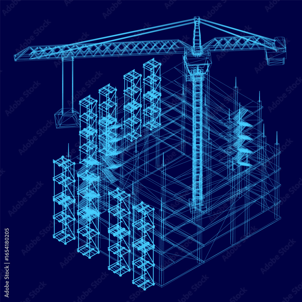 Poster blueprint of a modern building under construction features a wireframe design with various geometric