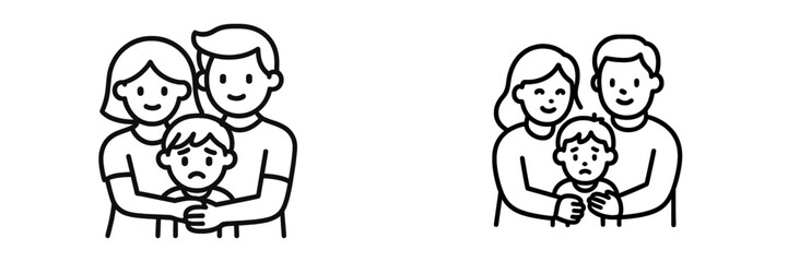 Family bonding illustrated through two different emotional expressions in a shared embrace