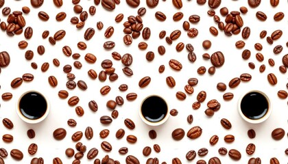 Obraz premium Seamless grunge pattern of coffee beans and cups on white background, illustration, dark brown