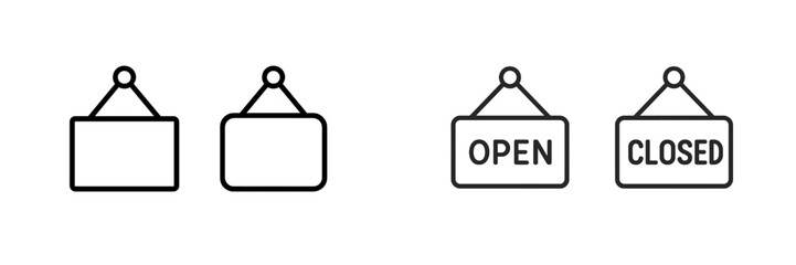 Open and closed signs show store status and hours of operation for businesses in various locations