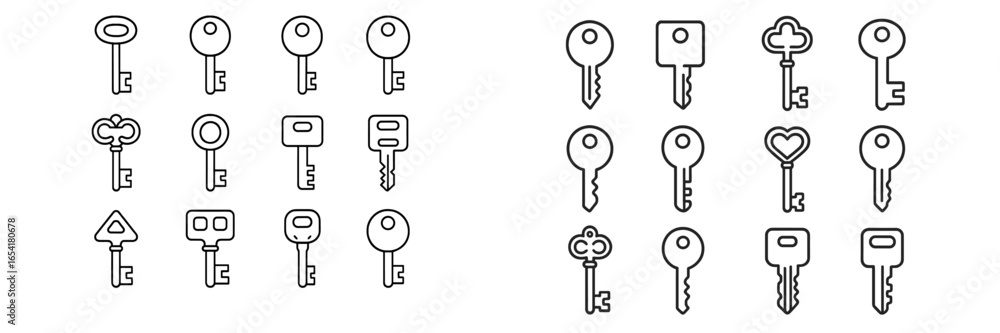 Poster different designs of keys showcased in a simple illustration that highlights various shapes and styl