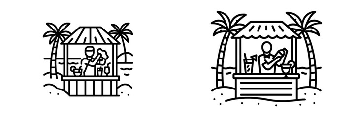 Tropical beach bar with bartender preparing cocktails under palm trees during sunny day