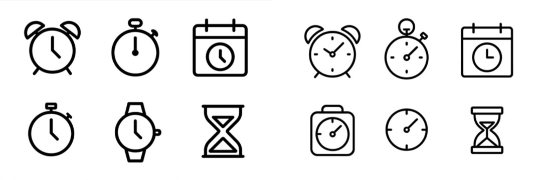 Twelve different clock and timer icons illustrating various timekeeping devices and concepts in a minimalist design style