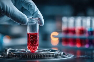 Scientist holding a test tube with a red solution in a modern laboratory for research.