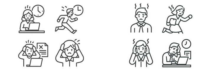Stressful situations in the workplace illustrated through various characters and activities