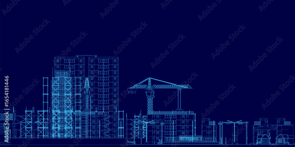 Poster a detailed blueprint of a modern building under construction, featuring a wireframe structure and a 