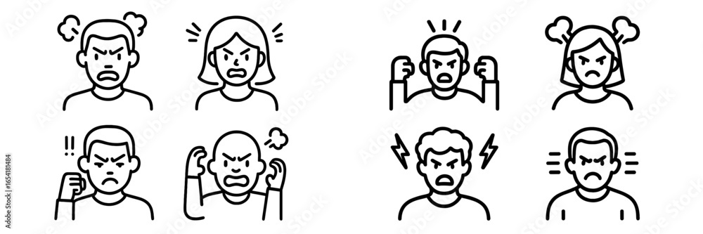 Poster expressions of anger and frustration captured in simple line drawings of diverse individuals showing