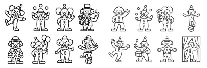Fototapeta premium Collection of cheerful clown illustrations showcasing various circus-themed activities and expressions