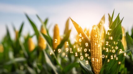 Golden corn field stretching to the horizon under a bright sun with digital numbers and data graphics overlaid on the crops symbolizing modern agriculture smart farming and agritech concepts.