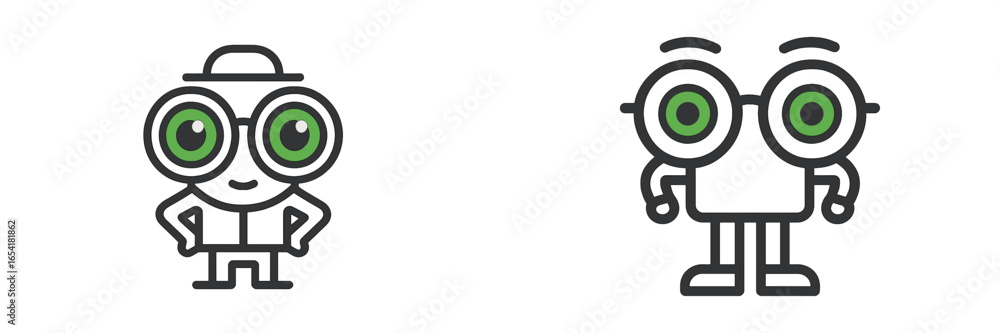 Poster creative cartoon characters with large eyes, one wearing a hat, showcasing distinct expressions and 