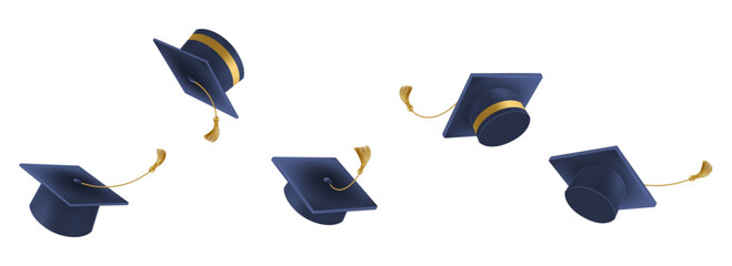 Graduates celebration. 3D Flying black graduate hat
