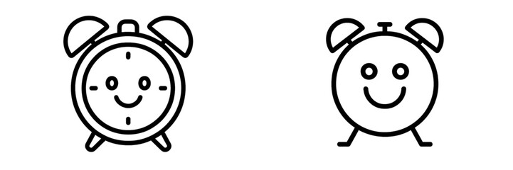 Obraz premium Cute alarm clocks with smiling faces representing morning routine and time management in a simple design