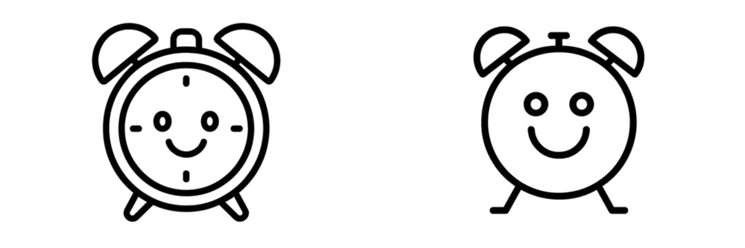 Cute alarm clocks with smiling faces representing morning routine and time management in a simple design