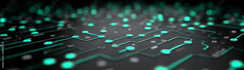 Poster abstract futuristic green circuit board background with intricate electronic pathways and glowing da